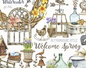 Watercolor Spring Decor Clipart. Farmhouse Rusty Iron Element Clip Art. Easter Clipart French Style Decor. Wooden greenhouse, flower pot PNG