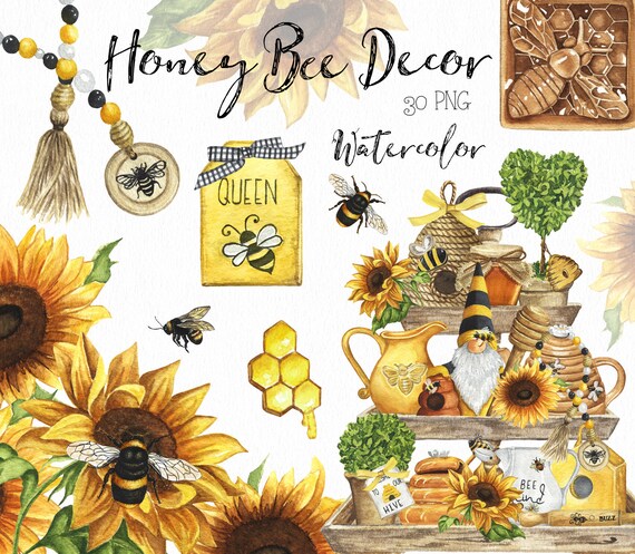 Clip Art Teapot Watercolor Honey Bee Farmhouse Decor Clipart Rustic Kitchen Decor Beehive Bee Clipart Sunflower Country Style Clip Art Bee Png Art Collectibles