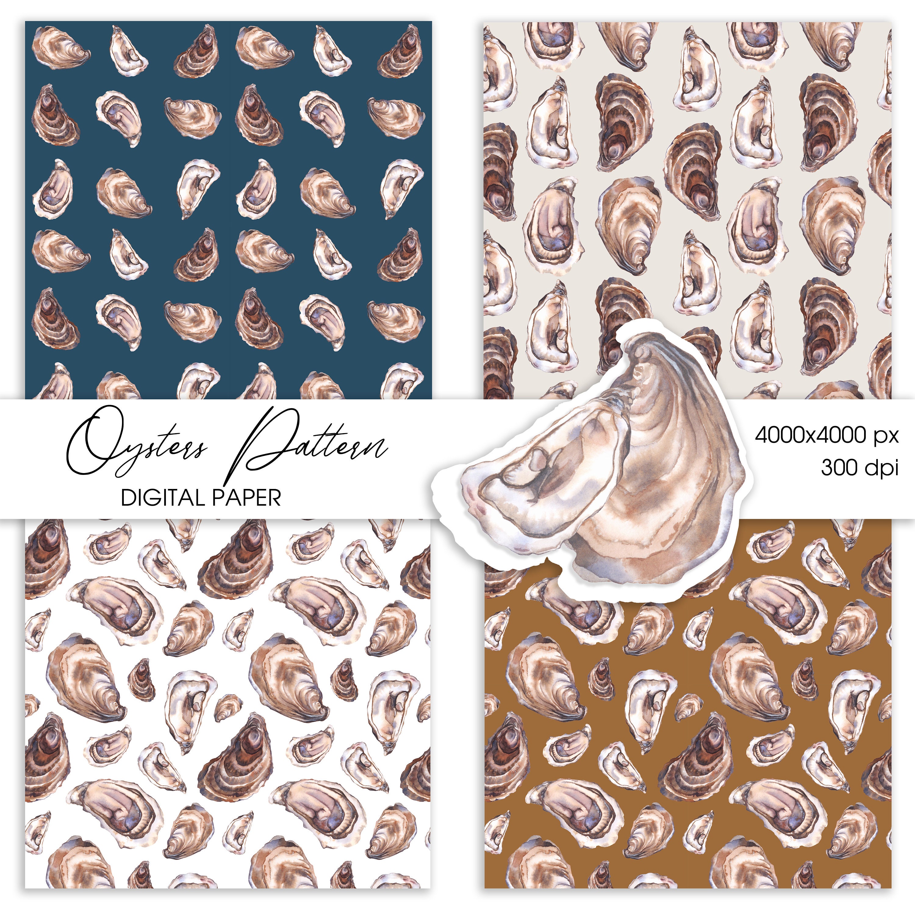 Watercolor Oysters Digital Paper Oysters Seamless Pattern Etsy