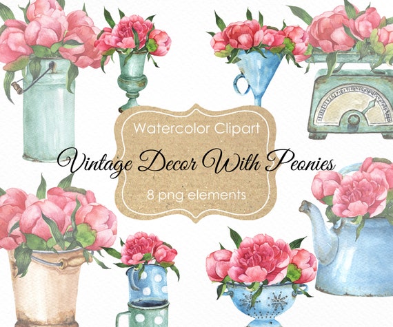 Watercolor Farmhouse Decor With Flowers Clipart. Vintage Rusty | Etsy