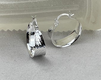 Hammered finish hoop earrings • curved round shape hoop earrings • 925 sterling silver earrings