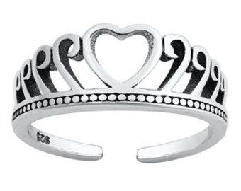 Sterling Silver Heart Crown Toe Ring - knuckle ring - pinky ring