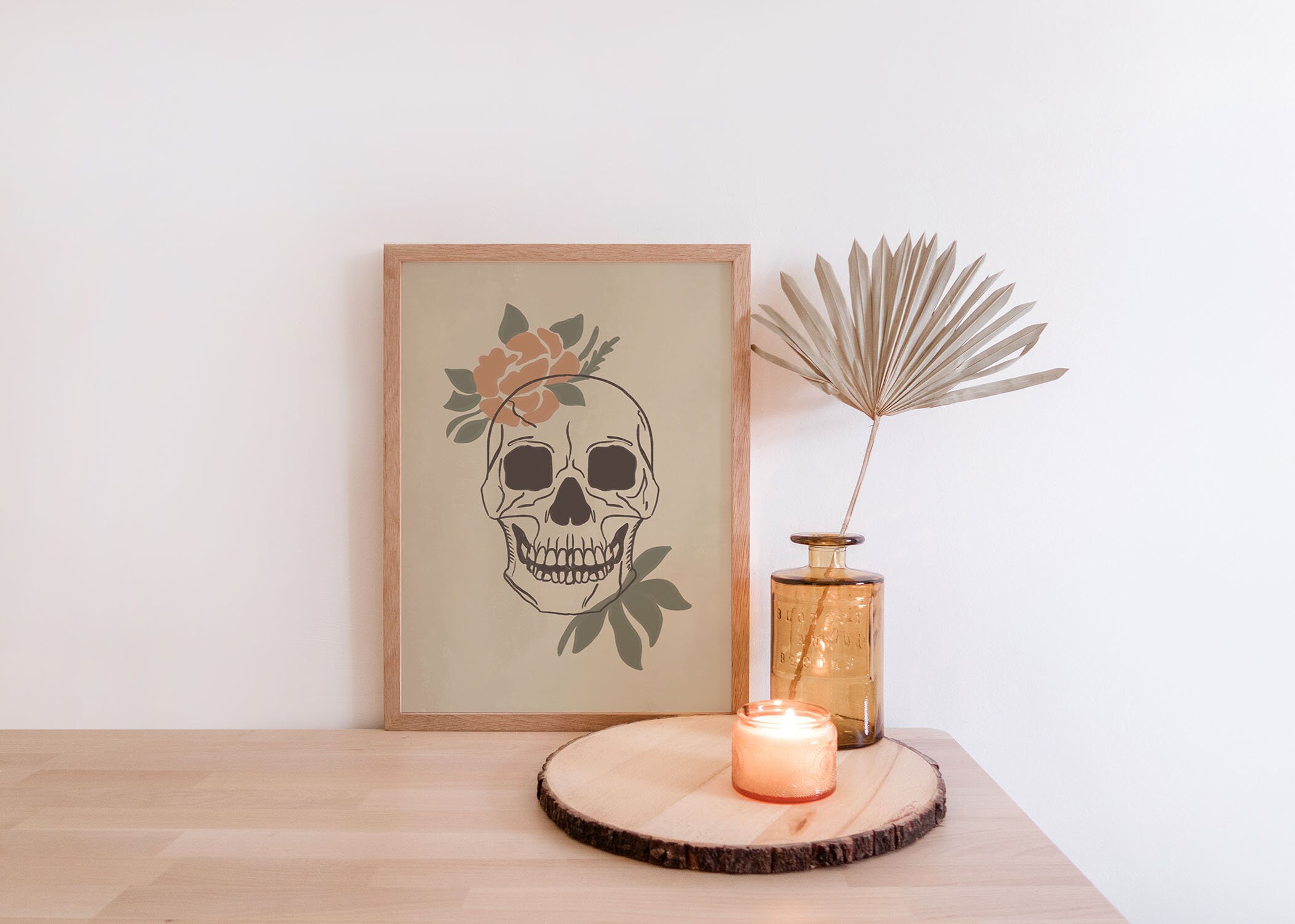 Floral Skull Print, Printable Wall Art, Bohemian Digital Print, Neutral