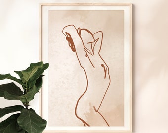 Dessin d’art de ligne, pose de femme, art de mur moderne de figure, art nu, illustration minimale de corps, affiche abstraite, silhouette de portrait de femme