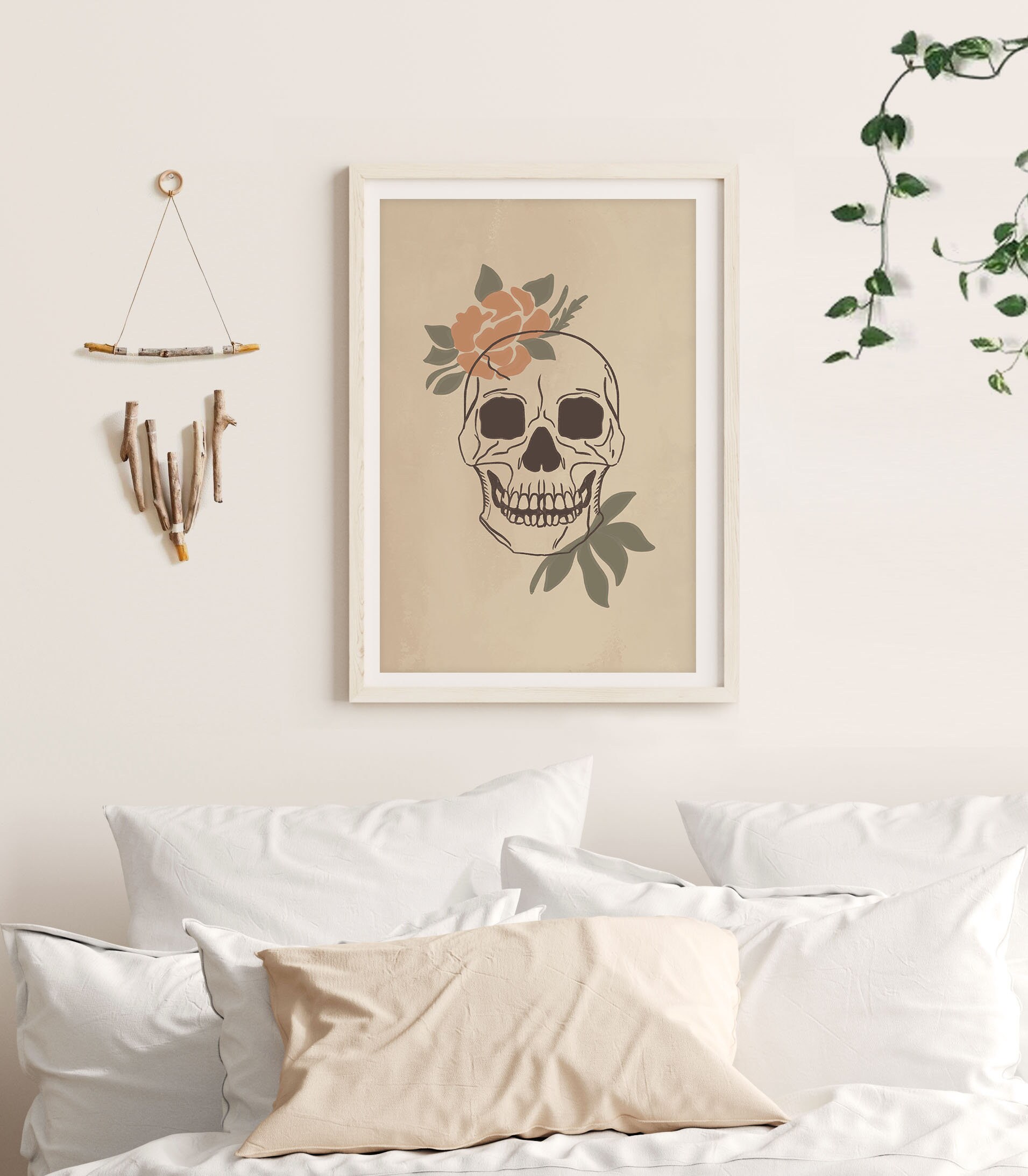 Floral Skull Print, Printable Wall Art, Bohemian Digital Print, Neutral
