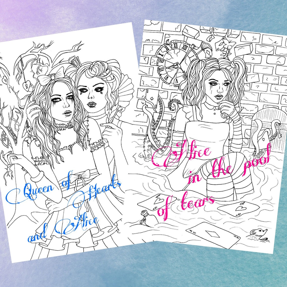 5 Alice in Wonderland coloring pages Gothic girl set | Etsy