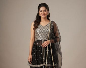 Zwartgouden sharara-set met pailletten | Indiase feestkleding | Kurta met Sharara-broek | Receptiejurk | Bruiloftsgast