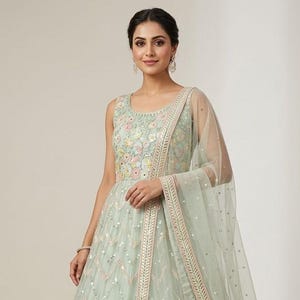Mint Green Embroidered Gown | Chevron Sequin Anarkali | Wedding uest Gown |Floral Embroidered Gown | Reception Dress | Net Anarkali
