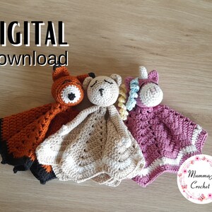 Crochet Lovey 3 Pack, Crochet Fox Lovey, Crochet Bear Lovey, Crochet Unicorn Lovey INSTANT DOWNLOAD