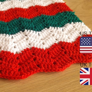 May include: A crocheted blanket with red, white, and green stripes. The blanket is made with a wavy stitch pattern. The image includes the text "US Terms" and "UK Terms" with the corresponding flags.