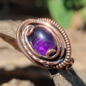Amethyst Ring. Wire wrapped Amethyst ring size 6.25, wire weaved Amethyst ring, heady wire wrapped Amethyst ring, Amethyst copper ring