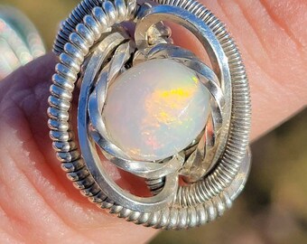 Ethiopian Opal 925 sterling silver ring size 6.75. Wire wrapped Ethiopian Opal Ring, wire weaved Ethiopian opal statement ring