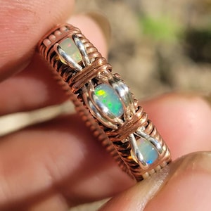 Ethiopian Opal Infinity ring size 8, Ethiopian Opal Copper & 925 Sterling Silver infinity ring, wire weaved welo opal infinity ring