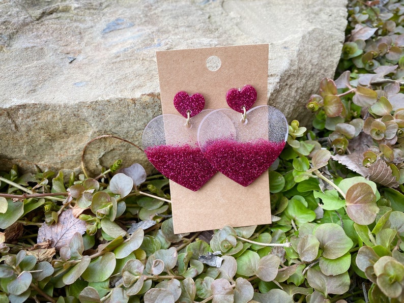 Ready to Ship Red Glitter Heart Valentines Resin Acrylic Statement Dangle Earrings