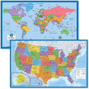 May include: A colorful map of the world with a detailed map of the United States of America below it. The world map shows the continents in different colors, and the United States map shows the individual states in different colors.