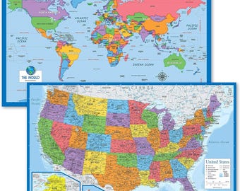 2 Pack - World Map for Kids + Blue Ocean USA Map (LAMINATED, 18" x 29")