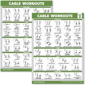 May include: Two fitness posters titled "Cable Workouts" with exercise diagrams. The posters are white with green headers and include exercises for upper body, core, back, and lower body. Volume 2 is visible on one poster.