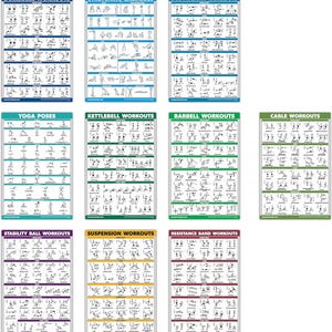 May include: A set of 10 exercise posters featuring different workout routines, including dumbbell, stretching, bodyweight, yoga, kettlebell, barbell, cable, stability ball, suspension, and resistance band exercises. Each poster has a different color background and features black and white illustrations of the exercises.