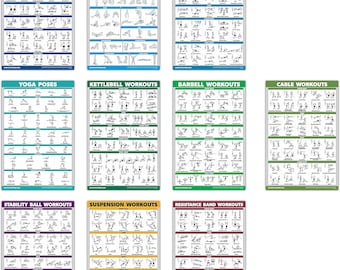 10 Pack - Exercise Workout Posters: Cable Machine, Dumbbell, Suspension, Kettlebell, Resistance Bands, Yoga, and more (Laminated, 18" x 27")