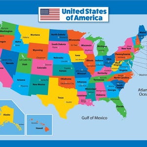 May include: A colorful map of the United States of America with state names and major cities labeled. The map is divided into states with different colors, including red, blue, green, yellow, orange, and pink. The map also includes the states of Alaska and Hawaii, which are shown as insets in the lower left and lower right corners of the map.