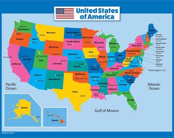 USA Map for Kids - LAMINATED - United States Wall Chart Map (18 x 24)