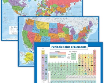 3 Pack - World & USA Map Poster Set + Periodic Table of the Elements Chart for Kids (LAMINATED, 18" x 29)