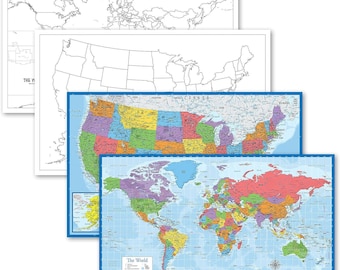 4 Pack - USA and World Map Blank Outline Posters + World & USA Maps [Blue Ocean] (LAMINATED, 18" x 29")