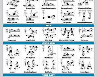 May include: A black and white illustration of a bodyweight workout chart. The chart is divided into sections for upper body, core, back, lower body, and total body. Each section shows a series of exercises with stick figure illustrations.