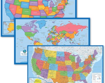 3 Pack - World Map & USA Map for Kids + Blue Ocean World Map - 3 Poster Set (LAMINATED, 18" x 29")