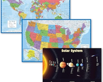 3 Pack - World & USA Maps + Solar System Poster Set [BLUE] (LAMINATED, 18" x 29")