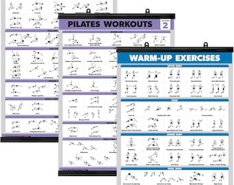 3-Pack Pilates Workout Posters Vol. 1 & 2 + Warm-Up Routine - Fitness Charts, Laminated with Plastic Frame, 18"x24"