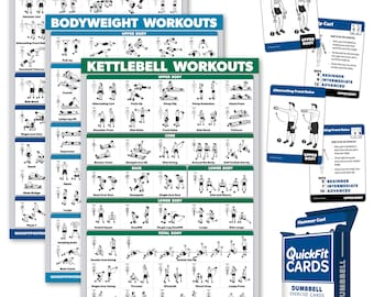 4 Pack: Dumbbell + Bodyweight + Kettlebell Workouts Poster Set + Dumbbell Exercise Playing Cards