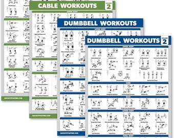 4 Pack - Cable Machine Workout Posters Volume 1 & 2, Dumbbell Exercises Chart (LAMINATED, 18" x 24")