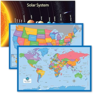 May include: A set of three educational maps: a solar system map, a map of the United States, and a world map. The maps are colorful and detailed, with a blue border.