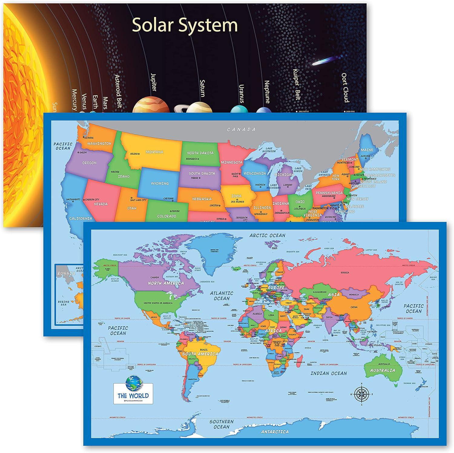3 Pack - Solar System Poster for Kids [long] + Simplified USA & World ...
