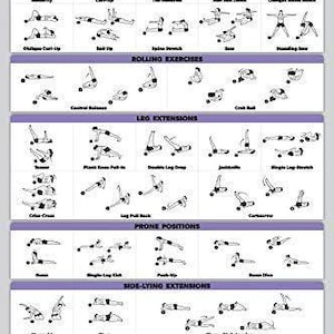 May include: A black and white illustration poster of Pilates exercises. The poster shows a variety of poses, including warm-ups, rolling exercises, leg extensions, prone positions, side-lying extensions, and bridges. The poster is titled "Pilates Workouts".