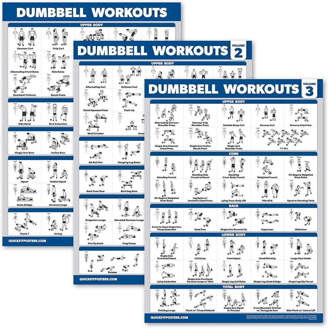 Palace Learning 3 Pack - Dumbbell Workout Posters for Home Gym