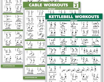 3 Pack - Cable Machine Workout Posters Volume 1 & Volume 2 + Kettlebell Exercise Chart (LAMINATED, 18" x 24")