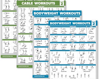 4 Pack - Cable Machine Workout Posters (Vol. 1 & 2) + Bodyweight Exercises Chart (Laminated, 18" x 24").