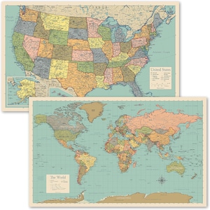May include: A vintage-style map of the United States and a vintage-style map of the world. The maps are printed on a light blue background with brown and beige lines and borders. The maps are labeled with the names of countries, states, and oceans.