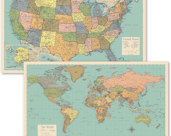 2 Pack - World Map Poster & USA Map Chart [Tan/Color] (LAMINATED, 18" x 29")