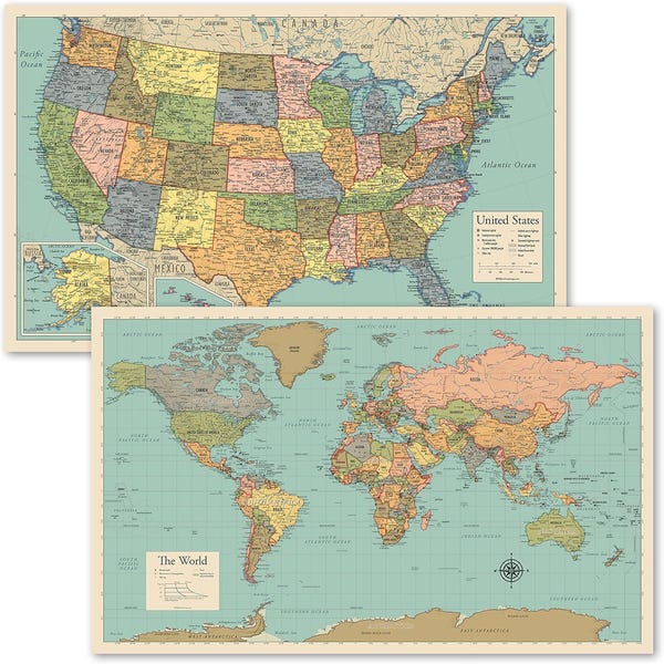 Paquete de 2: póster con mapa del mundo y gráfico con mapa de EE. UU. [bronceado/color] (LAMINADO, 18" x 29")