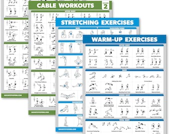 4 Pack - Cable Machine Workout Posters Volume 1 & 2 + Stretching Exercises + Warm Up Exercises (LAMINATED, 18" x 24")