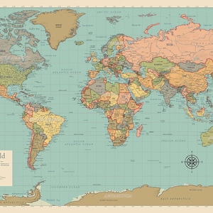 May include: A vintage-style world map with a blue ocean background and brown landmasses. The map is divided into countries with different colored borders. The map includes a compass rose and the text "The World".