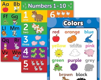Lot de 3 - Alphabet ABC + chiffres 1-10 + ensemble d'affiches couleurs - Grilles éducatives pour tout-petits (stratifié, 18 x 24 po.)