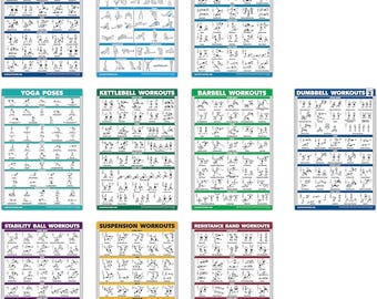QuickFit 10 Pack - Workout Posters: Dumbbell (Vol. 1 & 2), Suspension, Kettlebell, Resistance Bands, Yoga, and more (Laminated, 18" x 27").
