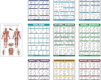 May include: A set of 9 fitness posters featuring various workout routines, including dumbbell, stretching, bodyweight, yoga, kettlebell, barbell, stability ball, suspension, and resistance band exercises. The posters are printed in black and white with illustrations of people performing the exercises. The posters are arranged in a grid pattern on a white background.