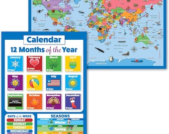 2 Pack - World Map Poster for Kids [Illustrated] + Days of the Week & Months of the Year Calendar for Kids (LAMINATED, 18" x 29")