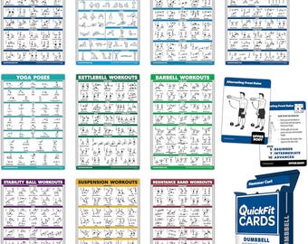 10 Pack: Exercise Workout Posters - Dumbbell (Volumes 1 & 2), Kettlebell, Resistance Bands, Stretching, Bodyweight, Barbell, Yoga.