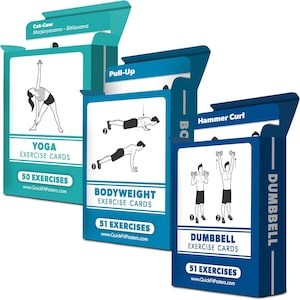 May include: Three exercise card decks: Yoga, Bodyweight, and Dumbbell. Each deck features illustrations of exercises. The Yoga deck is teal, the Bodyweight deck is blue, and the Dumbbell deck is also blue. Each deck contains over 50 exercises. The website address is www.QuickFitPosters.com.